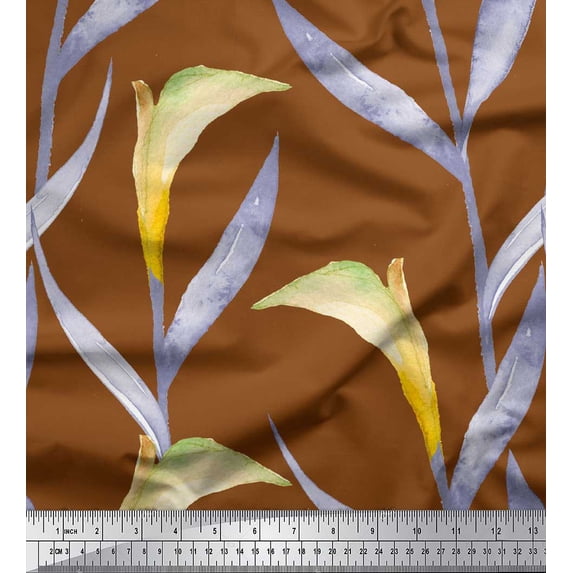 Soimoi Brown Silk Fabric Leaves Watercolor Printed Craft Fabric by the Yard 42 Inch Wide