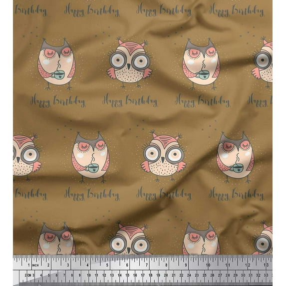 Soimoi Brown Silk Fabric Owl Bird Printed Fabric 1 Yard 42 Inch Wide
