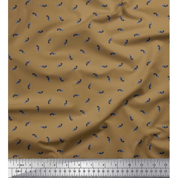 Soimoi Brown Silk Fabric Print Feather Decor Fabric Printed Yard 42 Inch Wide