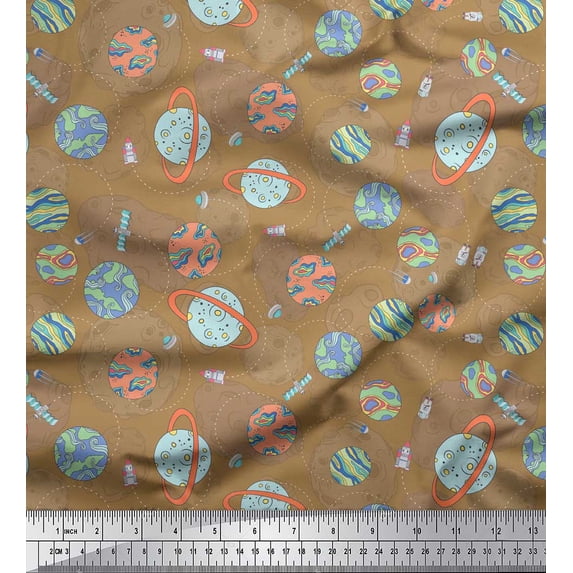 Soimoi Brown Silk Fabric Satellite & Planet Galaxy Decor Fabric Printed Yard 42 Inch Wide