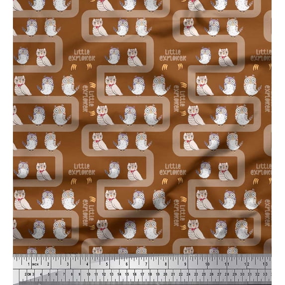Soimoi Brown Silk Fabric Text & Owl Bird Fabric Prints By Yard 42 Inch Wide