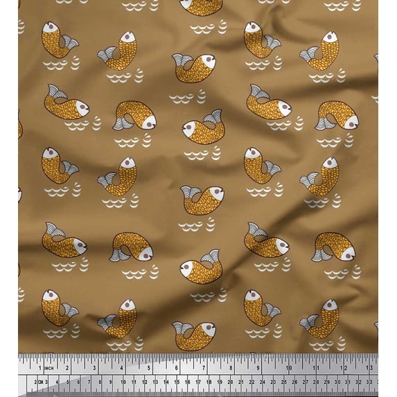 Soimoi Brown Silk Fabric Waves & Fish Ocean Printed Fabric 1 Yard 42 Inch Wide