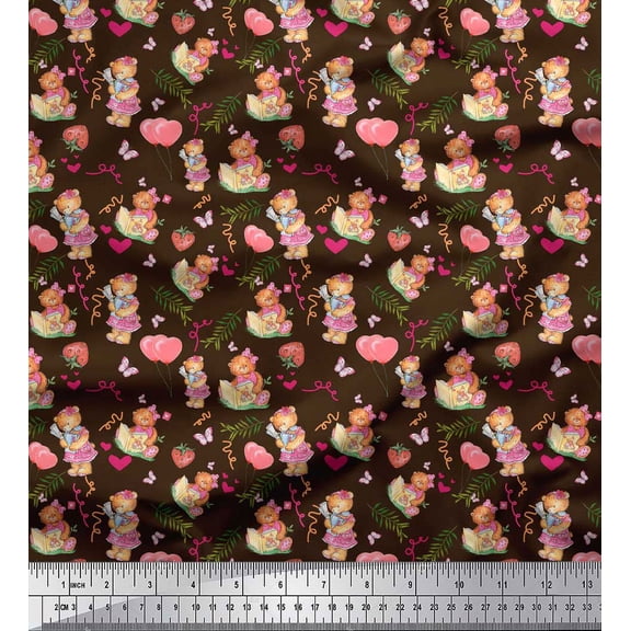 Soimoi Brown Velvet Fabric Balloon & Teddy Bear Kids Decor Fabric Printed Yard 58 Inch Wide