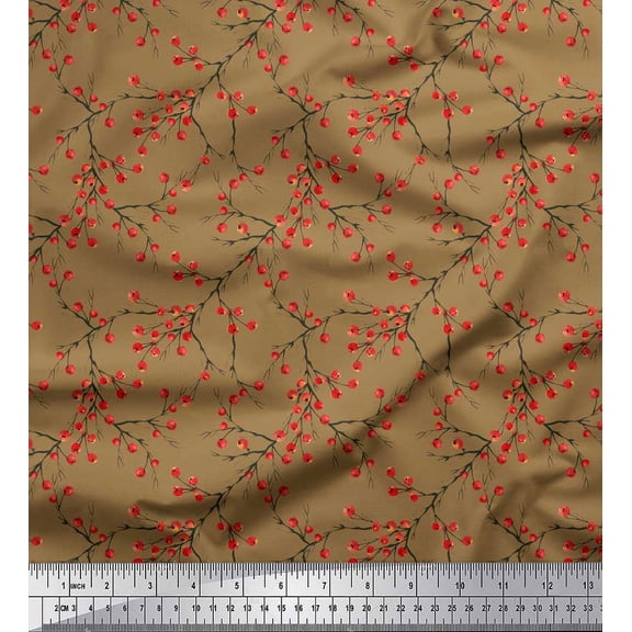 Soimoi Brown Velvet Fabric Cherries Fruits Printed Fabric 1 Yard 58 Inch Wide