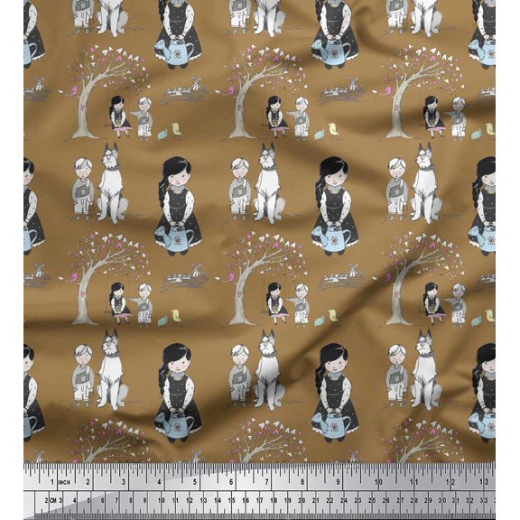Soimoi Brown Velvet Fabric Dog,Tree & Kids Human Figure Decor Fabric Printed Yard 58 Inch Wide