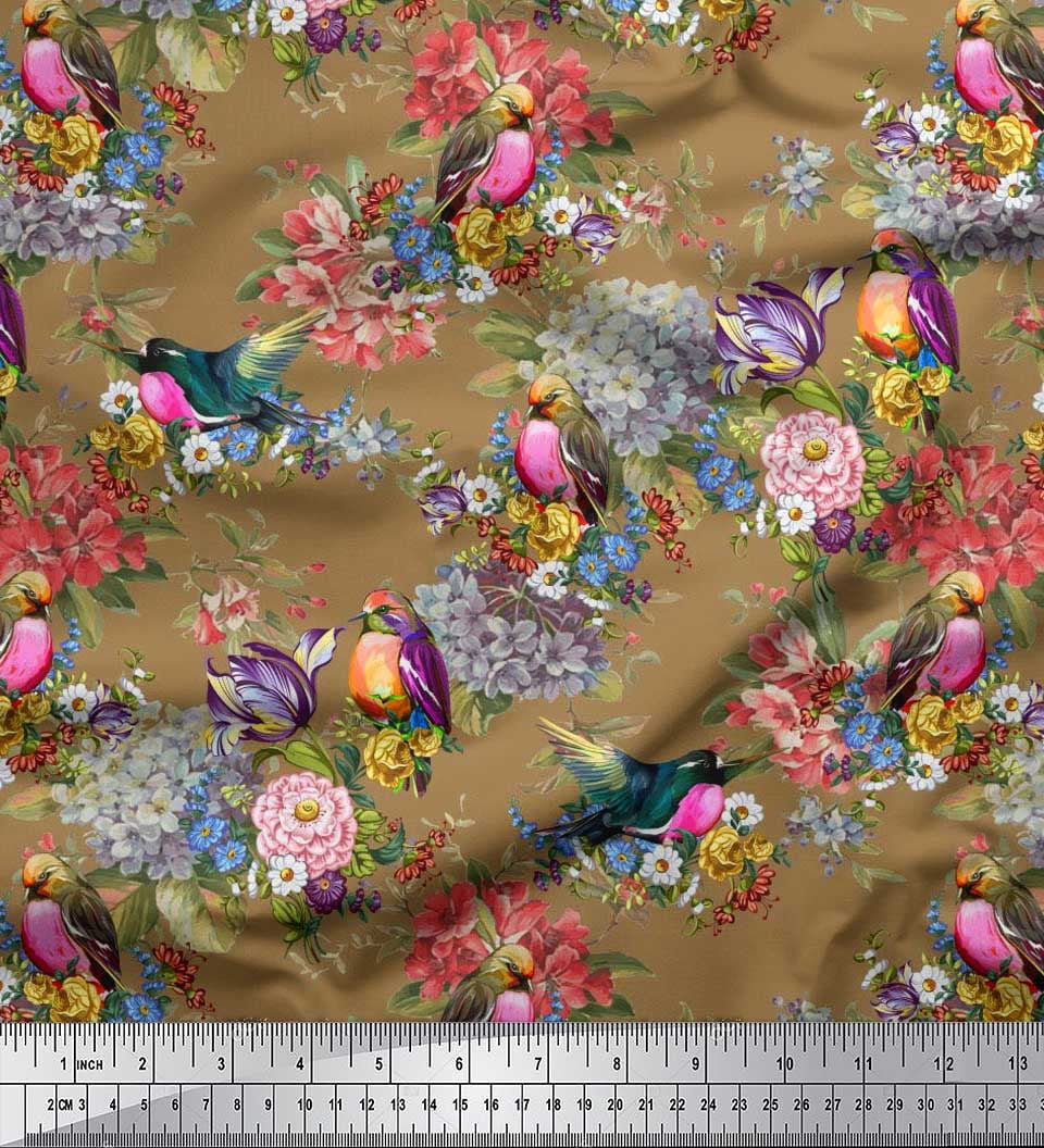Soimoi Brown Velvet Fabric Leaves,Floral & American Robin Bird Print ...