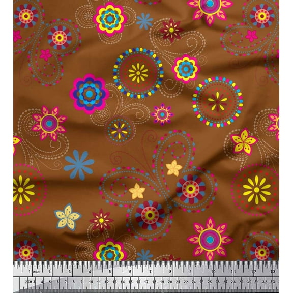 Soimoi Brown Viscose Chiffon Fabric Insect & Floral Clip Art Print Fabric by The Yard 42 Inch Wide