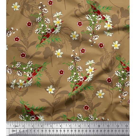 Soimoi Brown Viscose Chiffon Fabric Leaves,Primrose & Cottonball Flower Printed Fabric 1 Yard 42 Inch Wide