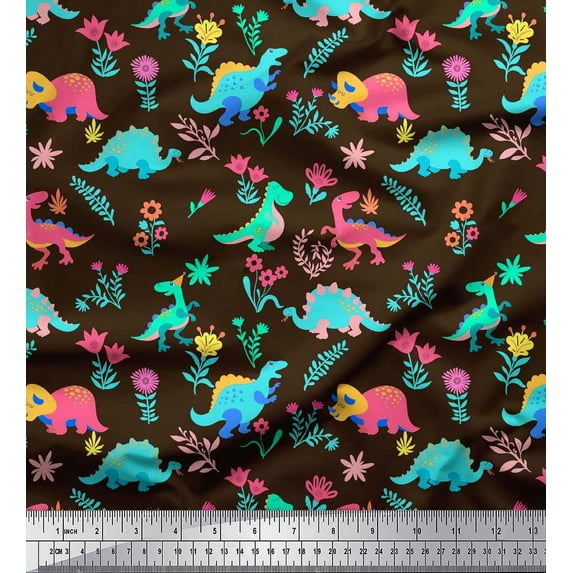 Soimoi Brown polyester Crepe Fabric Aster Flower & Dinosaur Kids Print Fabric by the Yard 42 Inch Wide