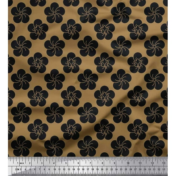Soimoi Brown polyester Crepe Fabric Black Sketch Floral Fabric Prints By Yard 52 Inch Wide