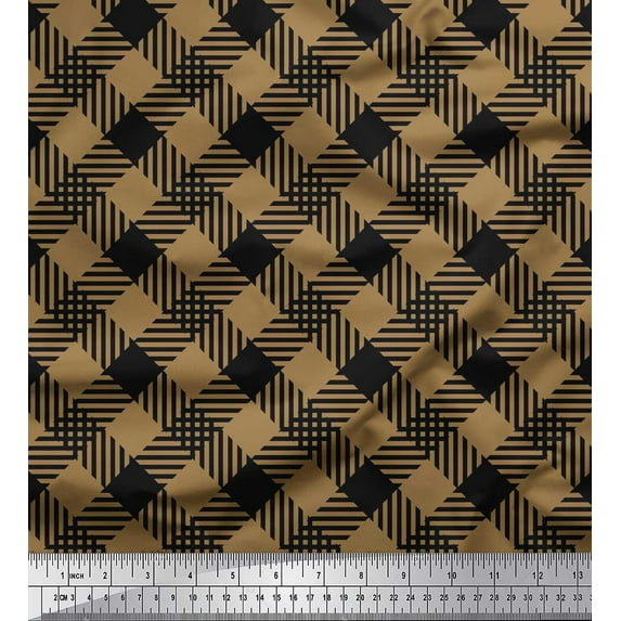 Soimoi Brown polyester Crepe Fabric Diagonal Check Print Fabric by the Yard 52 Inch Wide