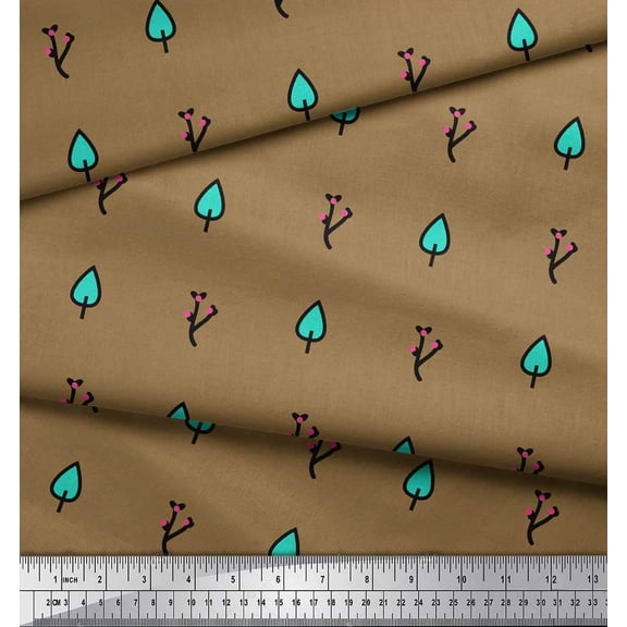 Soimoi Brown polyester Crepe Fabric Dot & Leaves Clip Art Print Fabric by Yard 42 Inch Wide