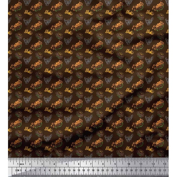 Soimoi Brown polyester Crepe Fabric Enjoy Summer Time Text Printed Fabric 1 Yard 42 Inch Wide