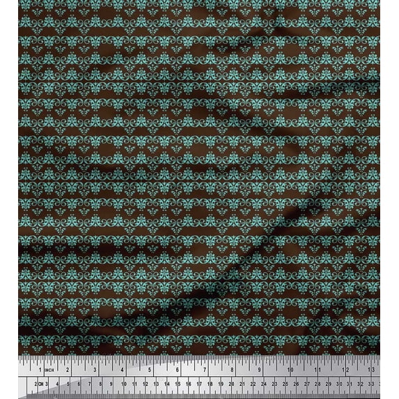 Soimoi Brown polyester Crepe Fabric Filigree Damask Print Fabric by Yard 42 Inch Wide