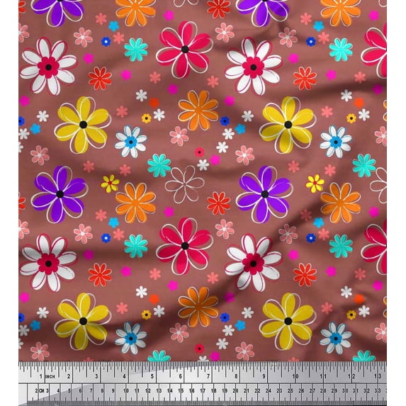 Soimoi Brown polyester Crepe Fabric Flower Artistic Decor Fabric Printed Yard 42 Inch Wide