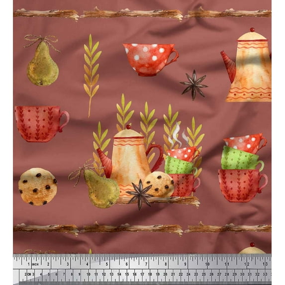 Soimoi Brown polyester Crepe Fabric Kettle & Cups Kitchen Printed Craft Fabric by the Yard 52 Inch Wide