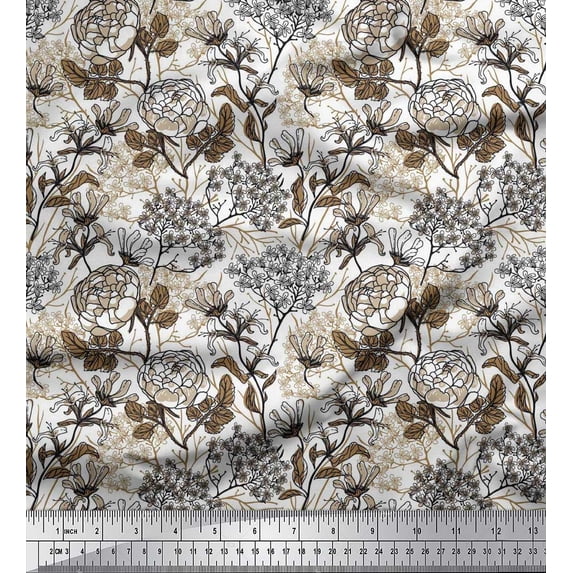 Soimoi Brown polyester Crepe Fabric Leaves & Peony Floral Decor Fabric Printed Yard 42 Inch Wide