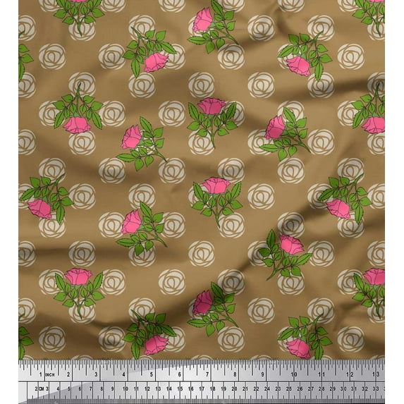 Soimoi Brown polyester Crepe Fabric Leaves & Rose Floral Print Fabric by Yard 42 Inch Wide