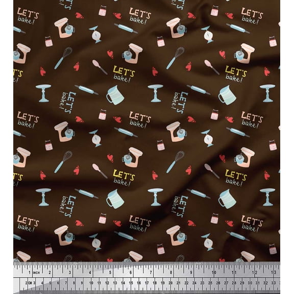 Soimoi Brown polyester Crepe Fabric Lets Bake Kitchen Fabric Prints By Yard 42 Inch Wide