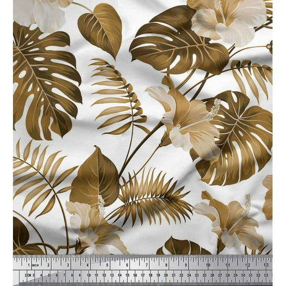 Soimoi Brown polyester Crepe Fabric Monstera Leaf & Floral Decor Fabric Printed Yard 42 Inch Wide