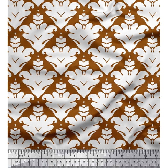 Soimoi Brown polyester Crepe Fabric Ornate Filigree Damask Printed Craft Fabric by the Yard 52 Inch Wide