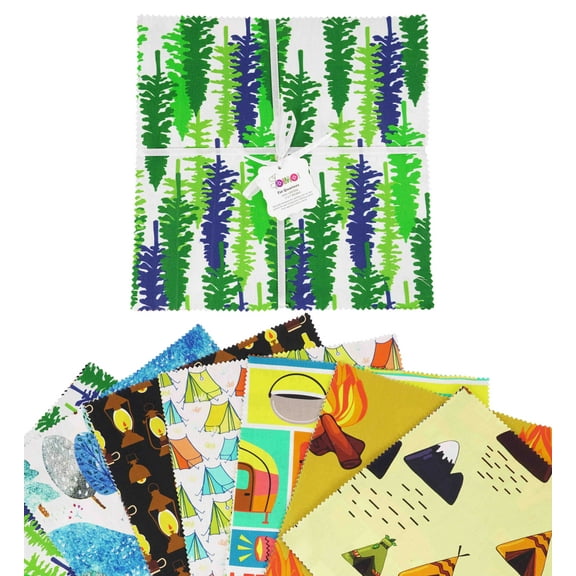 Soimoi Camping Print Precut 5-inch Cotton Fabric Quilting Squares Charm Pack DIY Patchwork Sewing Craft- Multicolor