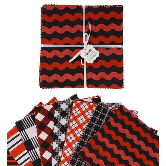 Soimoi Checks & Stripes PrintPrecut 5-inch CottonFabricQuiltingSquaresCharm Pack DIY Patchwork Sewing Craft- Red & Black