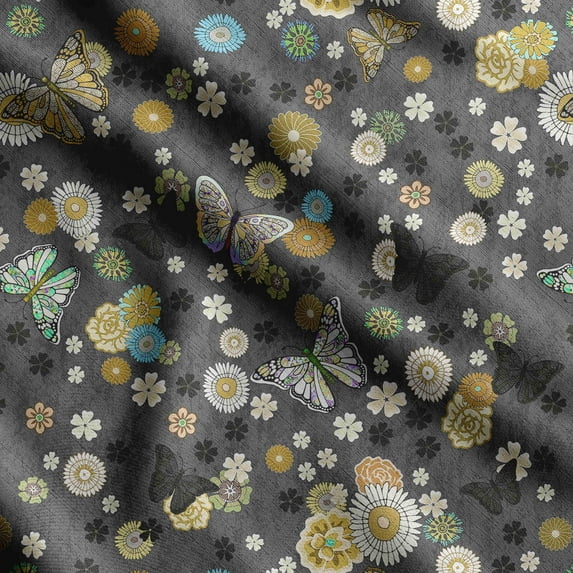 Soimoi Chinese Floral Printed, Cotton Fleece, Fabric by The Yard Sewing DIY Stretch Fabric 56 Inches Wide, WarmFabric for Hats, Coats, Gloves, Blankets, Dark Gray