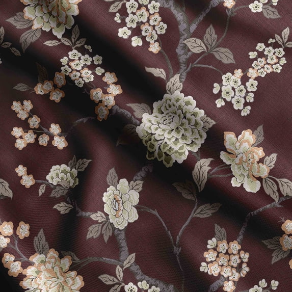 Soimoi Chinese Floral Printed, Japan Crepe SatinFabric, by The Yard 54 Inch Wide, Decorative Sewing Fabric for Dresses Kimonos Gowns, Dark Brown