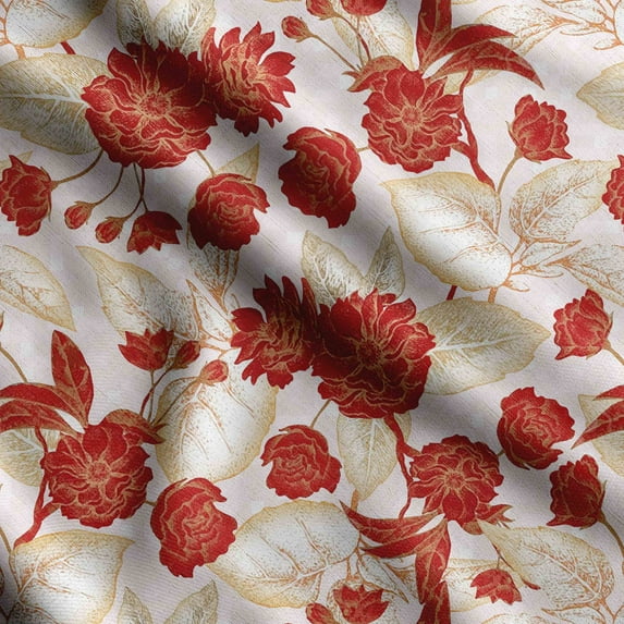 Soimoi Chinese Floral Printed, Japan Crepe SatinFabric, by The Yard 54 Inch Wide, Decorative Sewing Fabric for Dresses Kimonos Gowns, Red & Beige