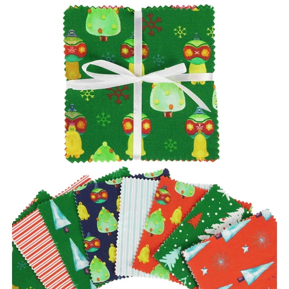 Soimoi Christmas PrintPrecut 5-inch CottonFabricQuiltingSquaresCharm Pack DIY Patchwork Sewing Craft- Green Red Blue