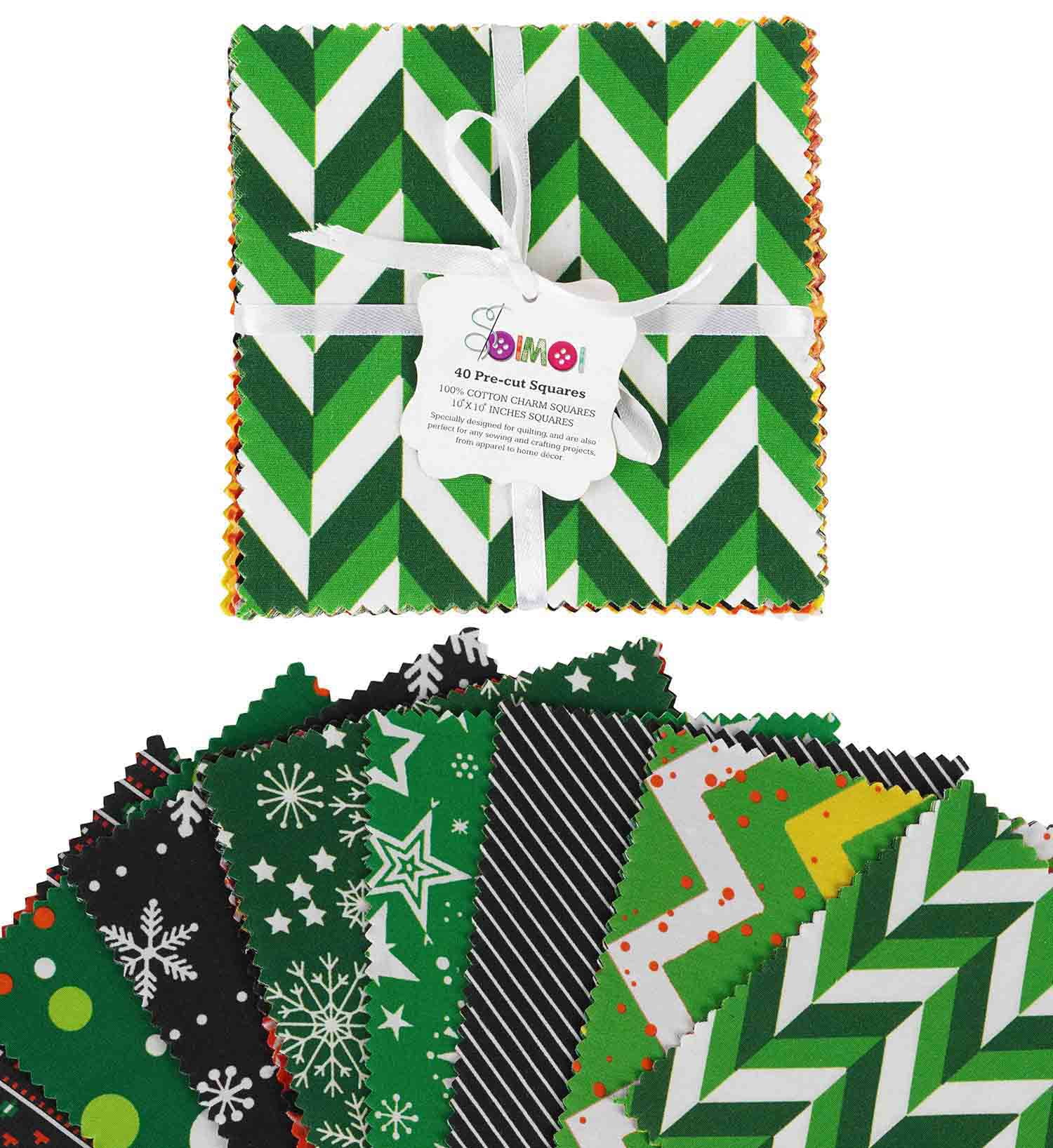 Soimoi Christmas Theme Print Precut 10-inch Cotton Fabric Quilting Squares Charm Pack DIY Patchwork Sewing Craft