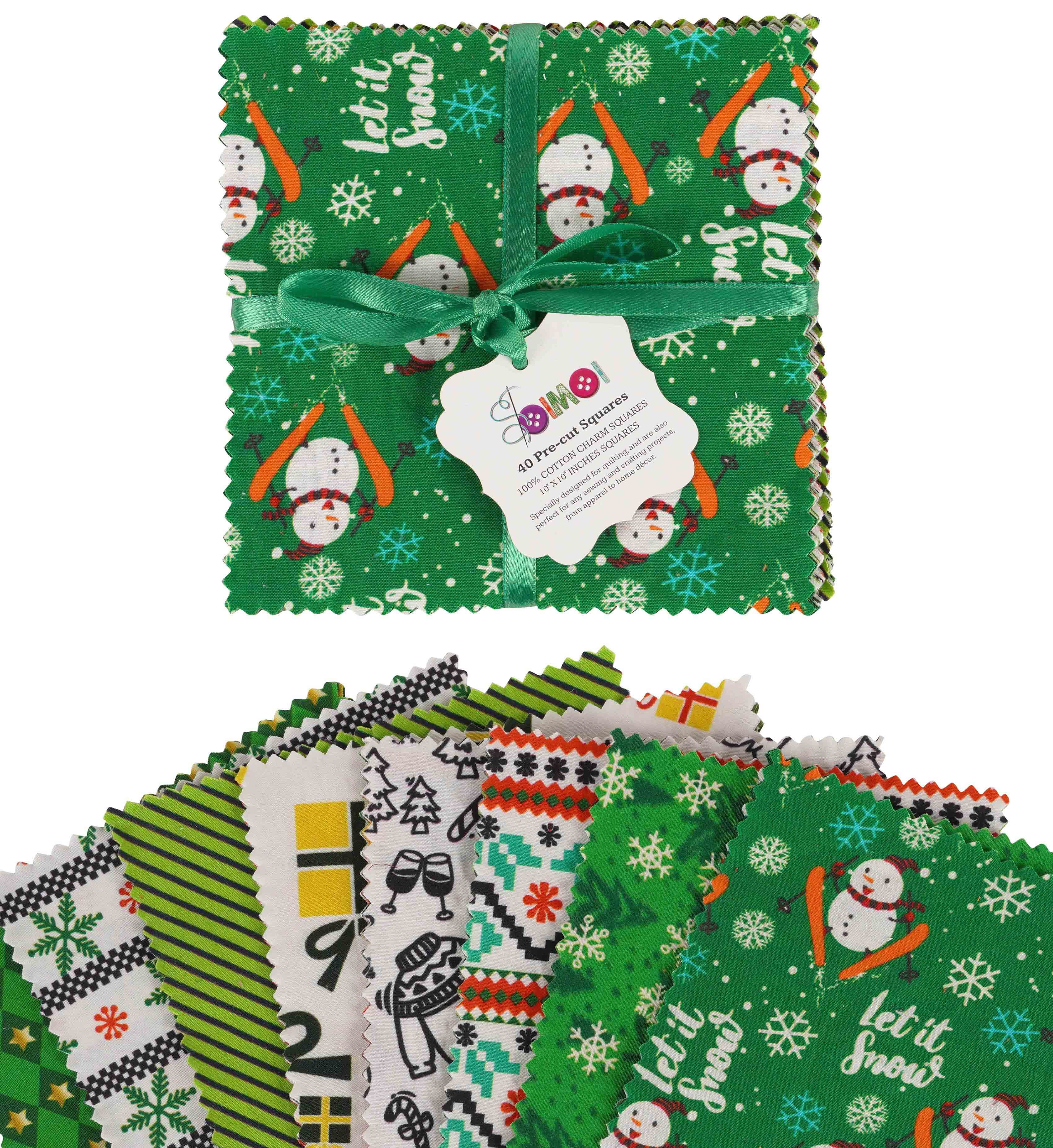 Soimoi Christmas Theme Print Precut 10-inch Cotton Fabric Quilting Squares Charm Pack DIY Patchwork Sewing Craft