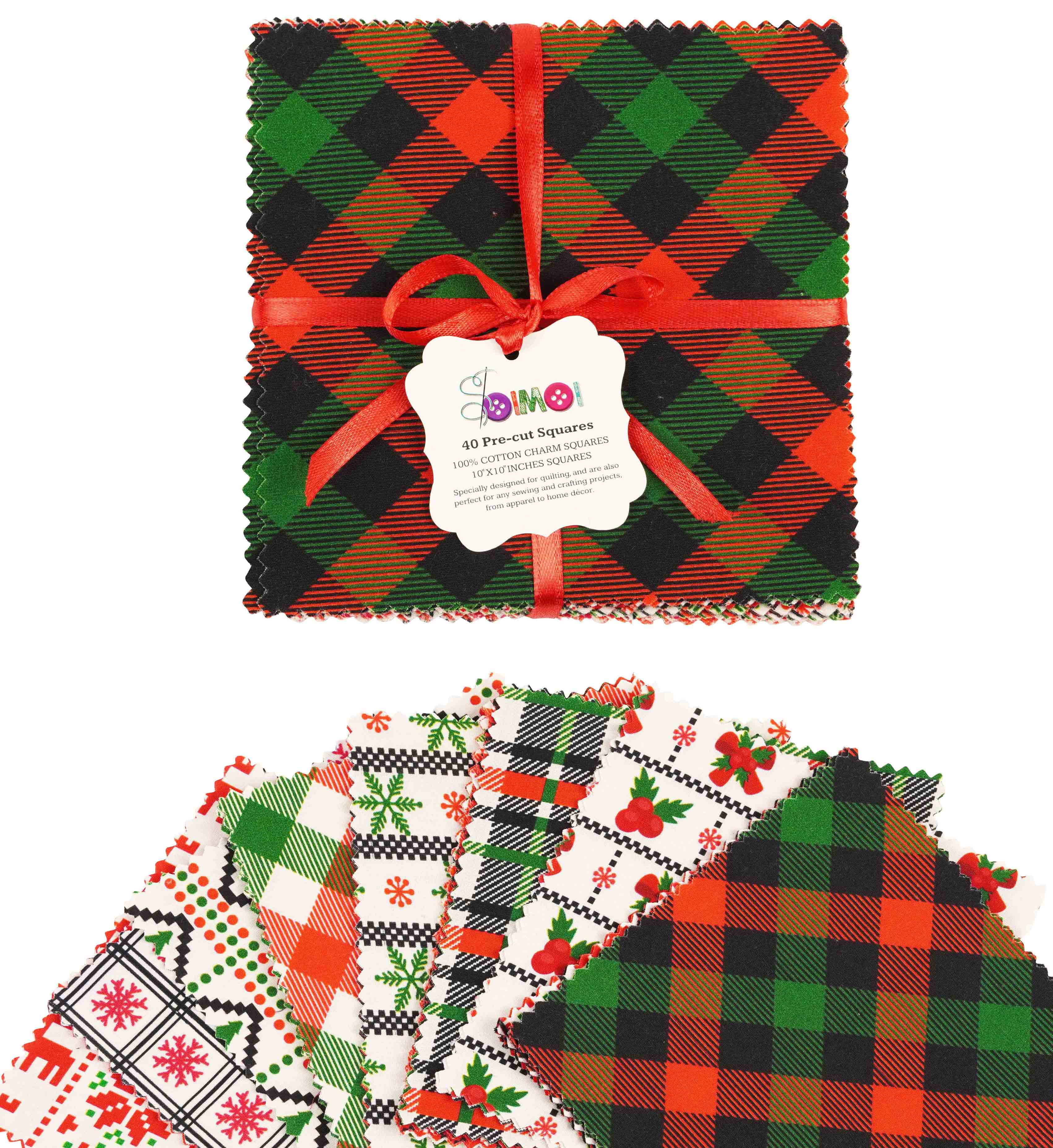 Soimoi Christmas Theme Print Precut 10-inch Cotton Fabric Quilting Squares Charm Pack DIY Patchwork Sewing Craft