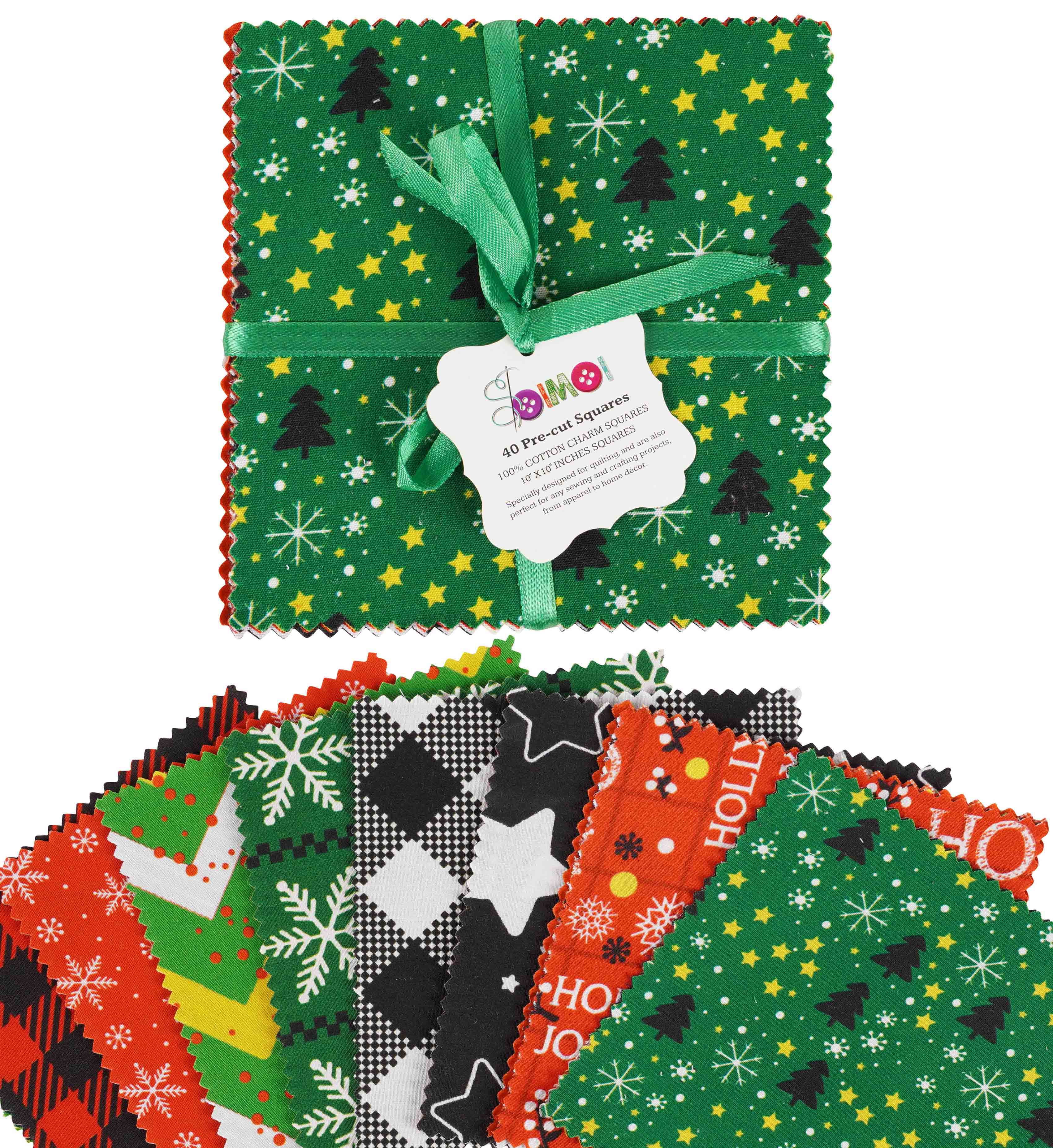 Soimoi Christmas Theme Print Precut 10-inch Cotton Fabric Quilting Squares Charm Pack DIY Patchwork Sewing Craft