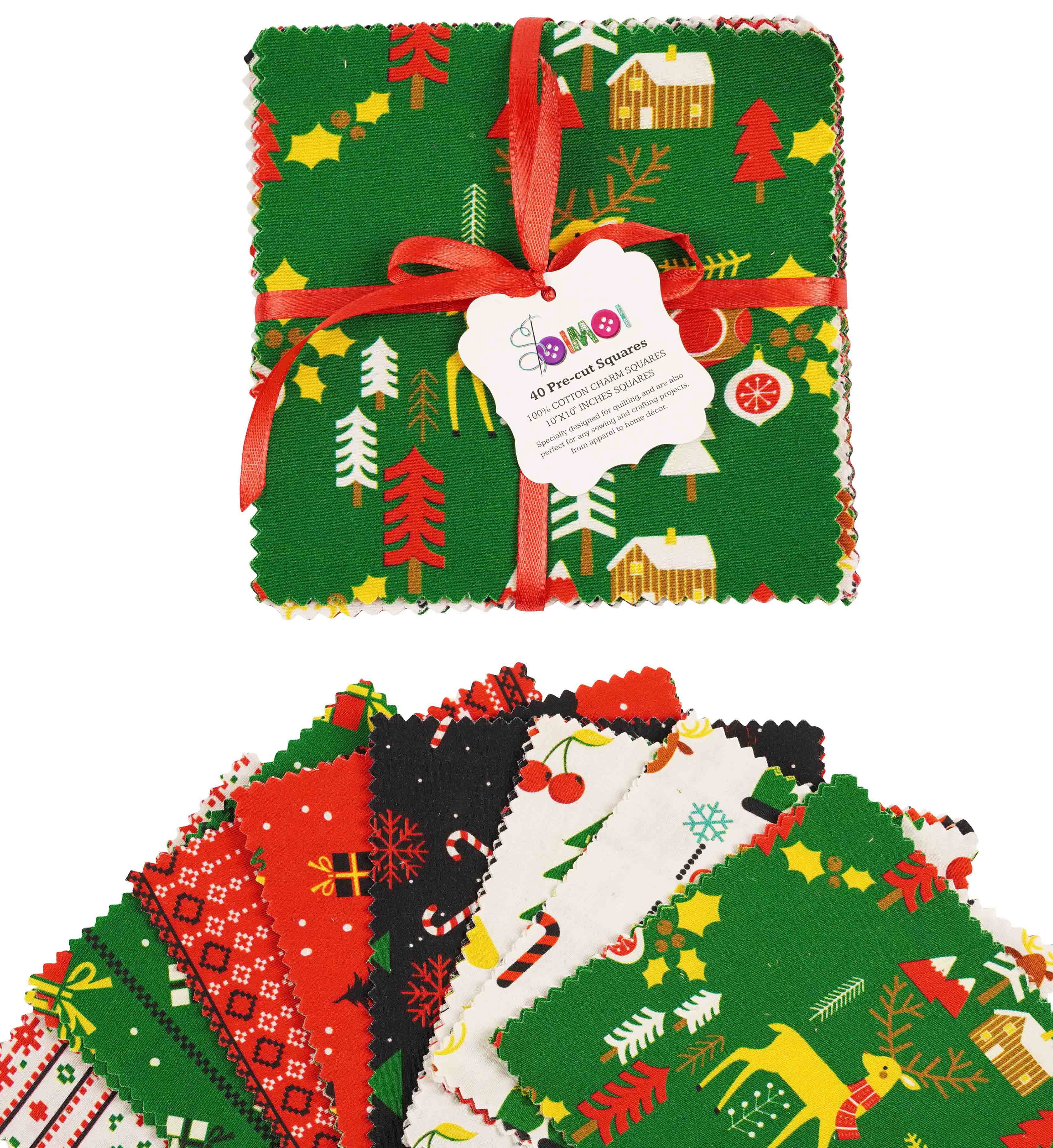Soimoi Christmas Theme Print Precut 10-inch Cotton Fabric Quilting Squares Charm Pack DIY Patchwork Sewing Craft