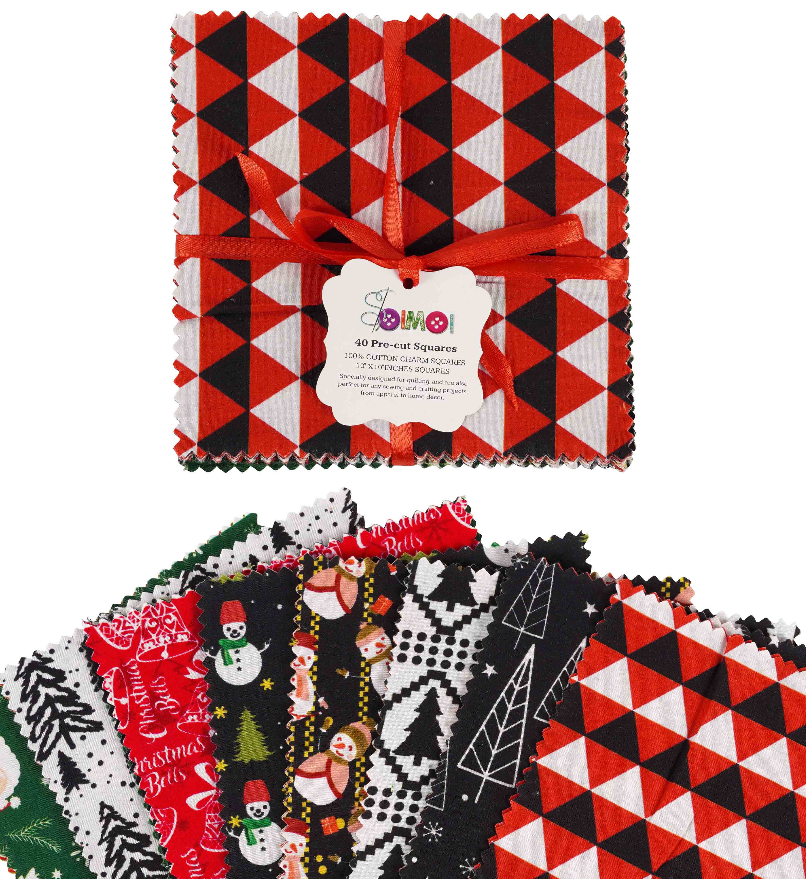 Soimoi Christmas Theme Print Precut 10-inch Cotton Fabric Quilting Squares Charm Pack DIY Patchwork Sewing Craft