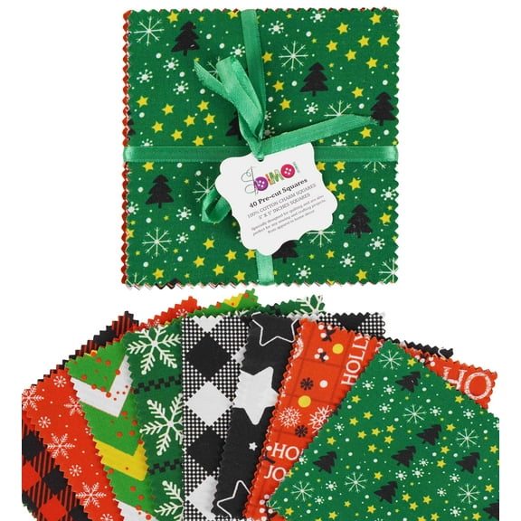 Soimoi Christmas Theme Print Precut 5-inch Cotton Fabric Quilting Squares Charm Pack DIY Patchwork Sewing Craft