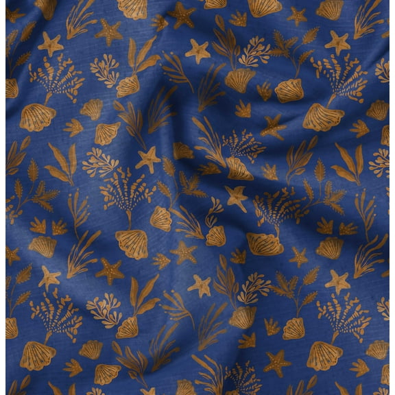 Soimoi Cotton Cambric Blue Fabric By the Yard - 42 Inch Wide - Shell & Starfish Ocean Print Fabric - Ocean Pattern Underwater Pattern Printed Fabric