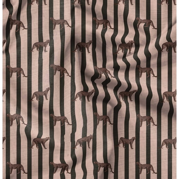 Soimoi Cotton Cambric Brown Fabric - By the Yard - 42 Inch Wide - Stripe & Jumping Leopard Animal Pattern Textile - Bold Stripes with the Energetic Leap of a Leopard Printed Fabric