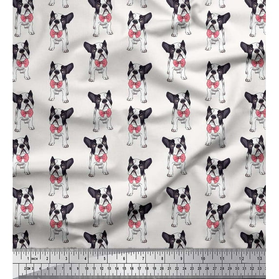 Soimoi Cotton Cambric Fabric Bow & Boston Terrier Dog Print Sewing Fabric Yard 42 Inch Wide