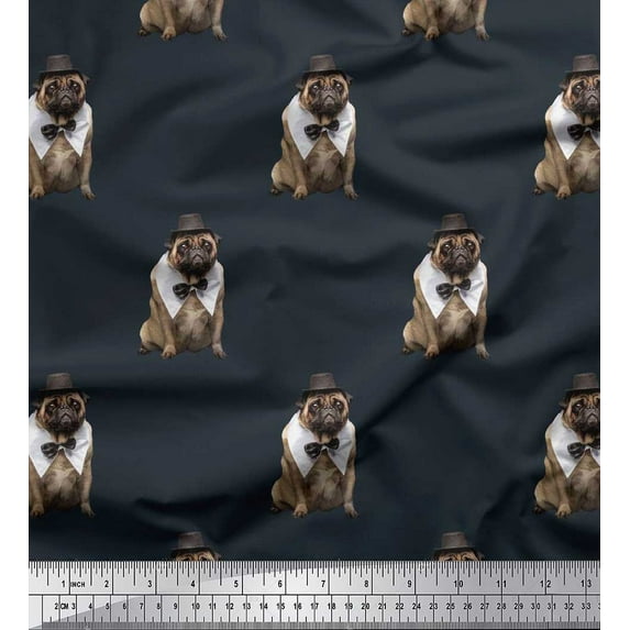 Soimoi Cotton Cambric Fabric Bow,Hat & Pug Dog Printed Fabric 1 Yard 42 Inch Wide