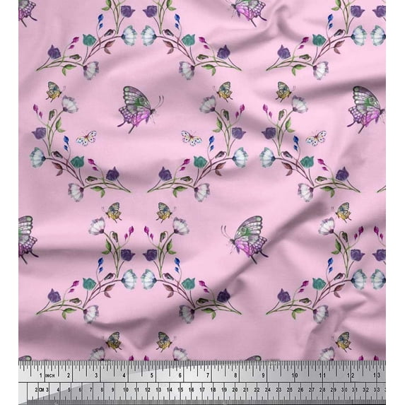 Soimoi Cotton Cambric Fabric Butterfly & Wildflower Floral Print Sewing Fabric Yard 42 Inch Wide