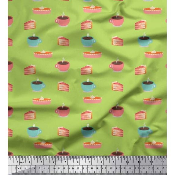 Soimoi Cotton Cambric Fabric Cake Slice & Coffee Beverages Printed Fabric 1 Yard 42 Inch Wide