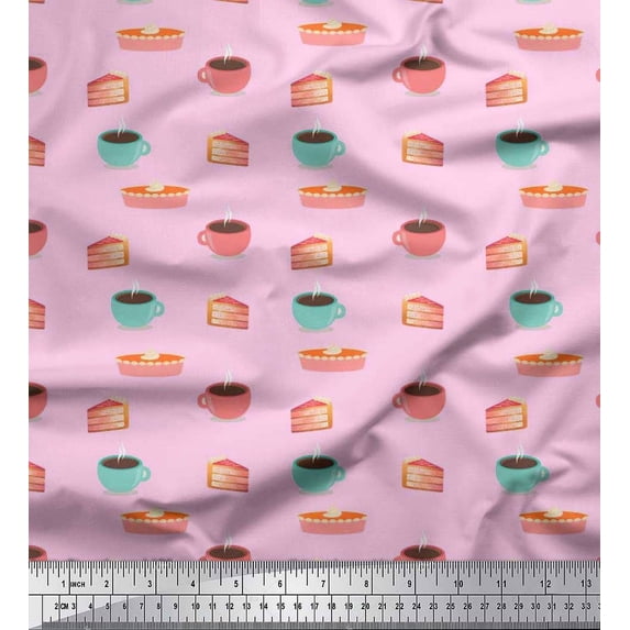 Soimoi Cotton Cambric Fabric Cake Slice & Coffee Beverages Printed Fabric 1 Yard 56 Inch Wide