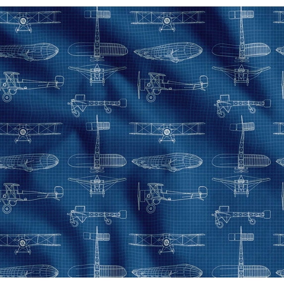 Soimoi Cotton Cambric Fabric Check & Airplane Transport Print Fabric by The Yard 42 Inch Wide