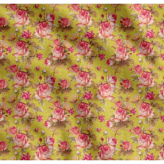 Soimoi Cotton Cambric Fabric Check,Leaves & Rose Floral Print Fabric by the Yard 56 Inch Wide