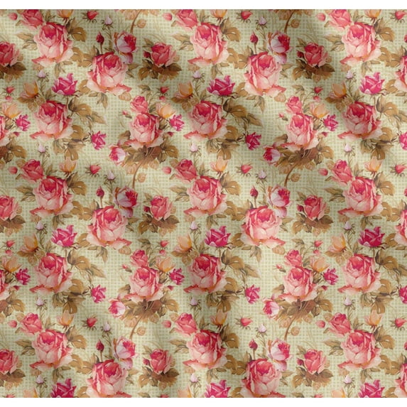 Soimoi Cotton Cambric Fabric Check,Leaves & Rose Floral Printed Craft Fabric by the Yard 56 Inch Wide