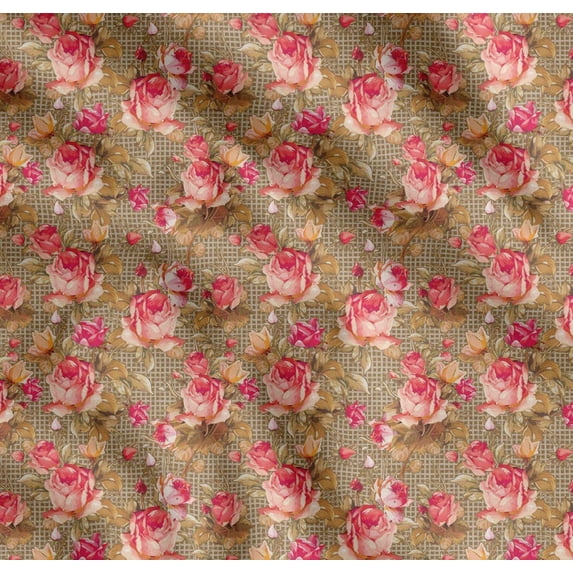 Soimoi Cotton Cambric Fabric Check,Leaves & Rose Floral Printed Fabric 1 Yard 42 Inch Wide