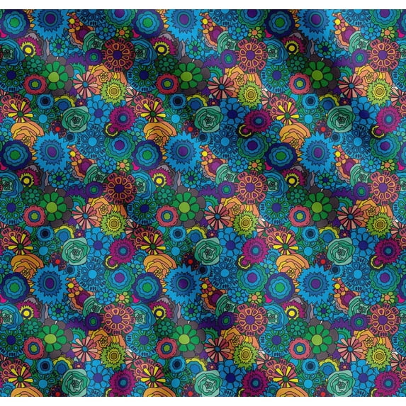 Soimoi Cotton Cambric Fabric Colorful Flowers Clip Art Printed Fabric 1 Yard 56 Inch Wide